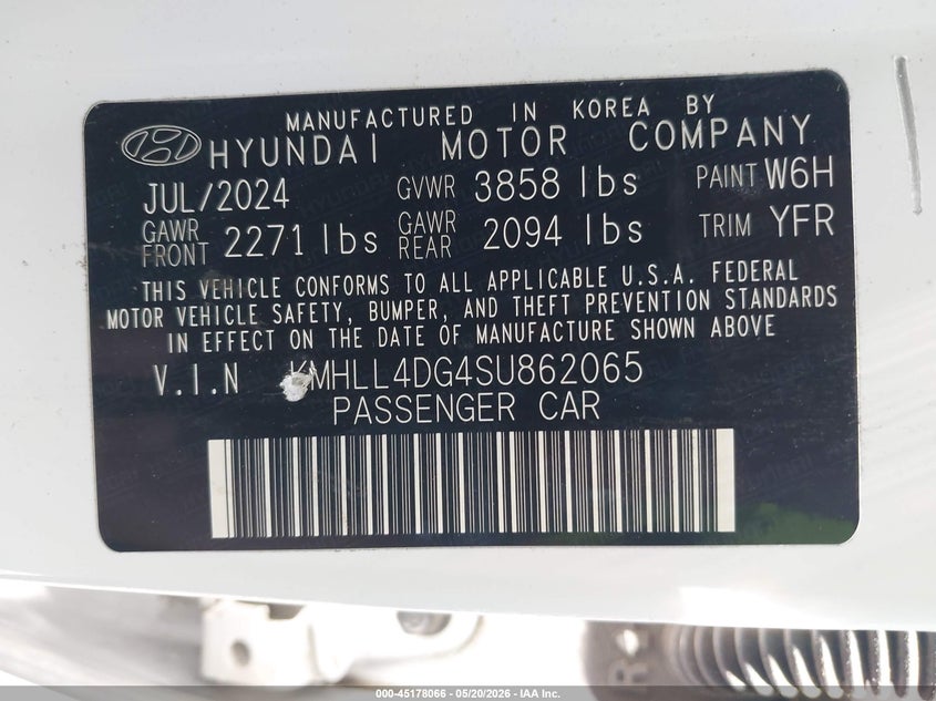 2025 Hyundai Elantra VIN KMHLL4DG4SU862065 IAAI salvage auction — RIGHT FRONT, Salvage Certificate (California), sold $5,700 on 2026-07-08 (photo 9)