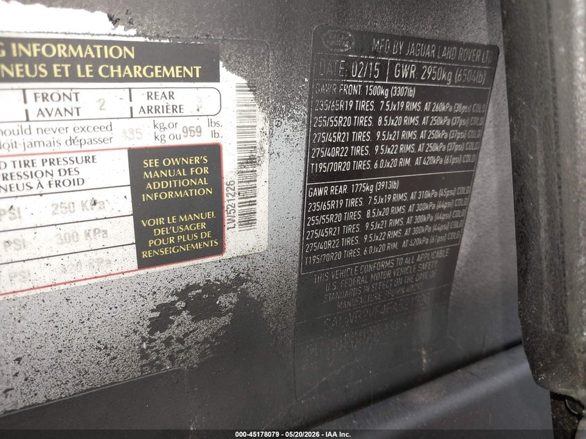 2015 Land rover Range rover sport VIN SALWR2VF4FA521226 IAAI salvage auction — HAIL, Clear (Missouri), sold $2,500 on 2026-07-13 (photo 9)