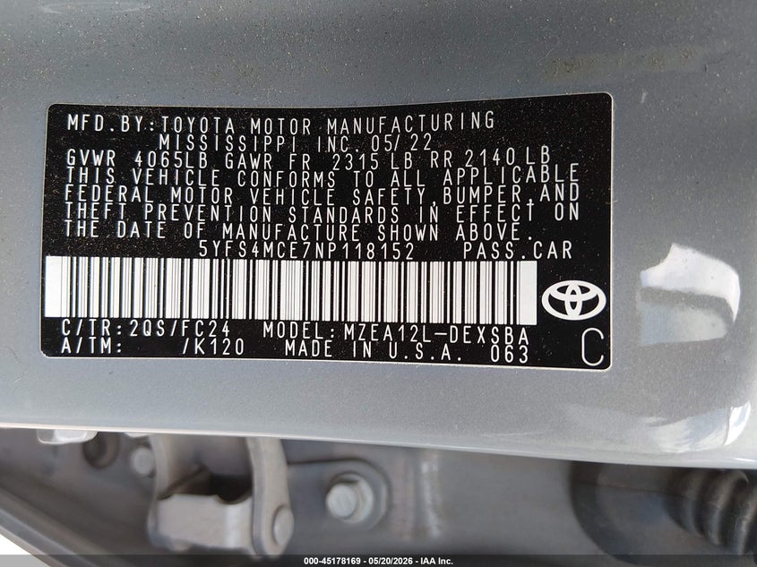 2022 Toyota Corolla VIN 5YFS4MCE7NP118152 IAAI salvage auction — FRONT END, Original (Texas), sold $5,800 on 2026-07-28 (photo 9)