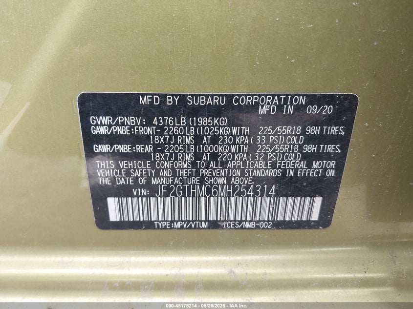 2021 Subaru Xv VIN JF2GTHMC6MH254314 IAAI salvage auction — LEFT SIDE, Salvage Title, sold $5,050 on 2026-09-01 (photo 9)