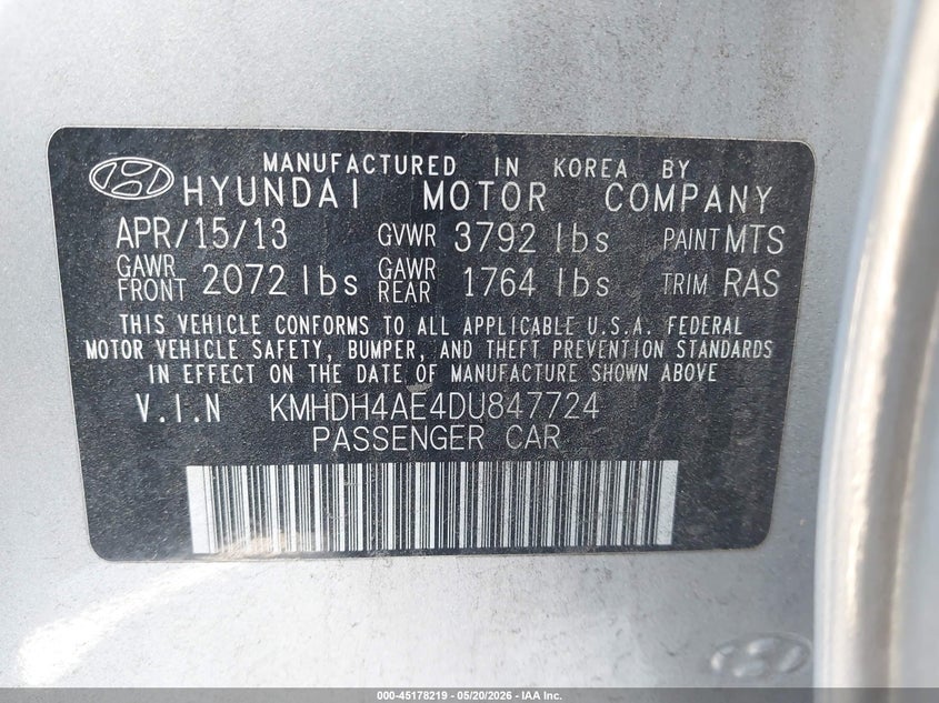 2013 Hyundai Elantra VIN KMHDH4AE4DU847724 IAAI salvage auction — RIGHT FRONT, Salvage (California), sold $1,350 on 2026-07-29 (photo 9)