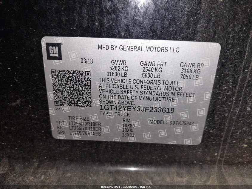 2018 Gmc VIN 1GT42YEY3JF233619 IAAI salvage auction — FRONT END, Salvage (Oregon), sold $17,050 on 2026-07-16 (photo 9)
