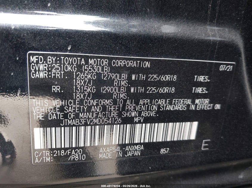 2021 Toyota Rav 4 VIN JTMAB3FV2MD054126 IAAI salvage auction — FRONT END, Salvage (California), sold $8,575 on 2026-07-29 (photo 9)