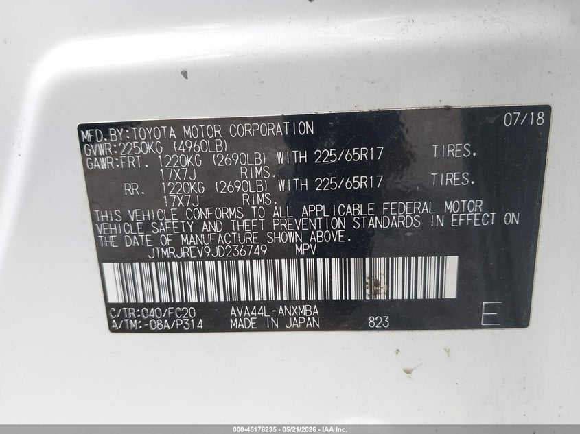 2018 Toyota Rav 4 VIN JTMRJREV9JD236749 IAAI salvage auction — FRONT & REAR, Clear (Indiana), sold $2,500 on 2026-07-29 (photo 9)