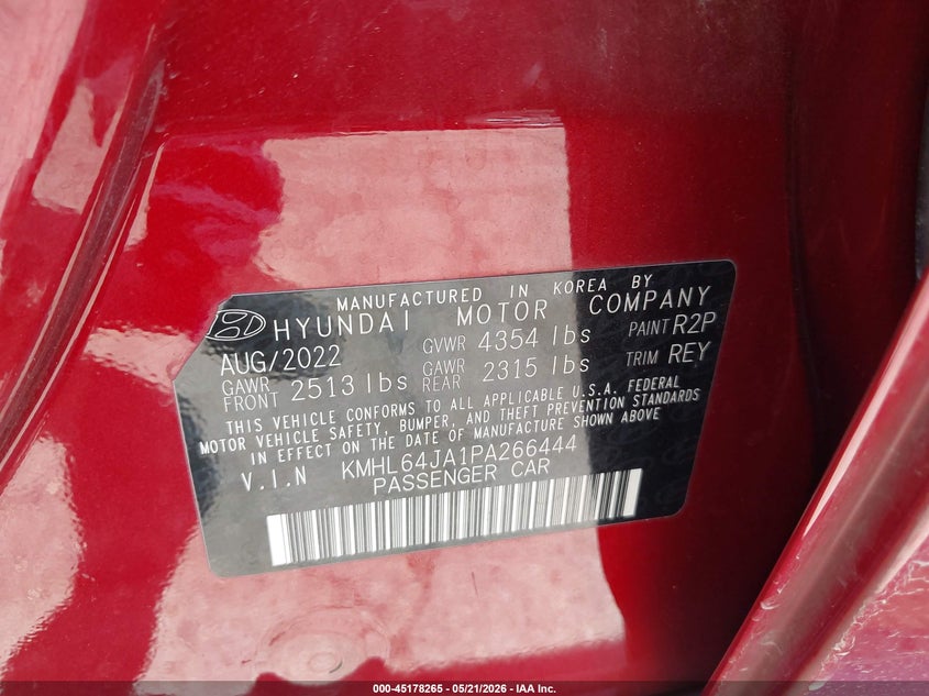 2023 Hyundai Sonata VIN KMHL64JA1PA266444 IAAI salvage auction — REAR END, Salvage (California), sold $25 on 2026-07-28 (photo 9)