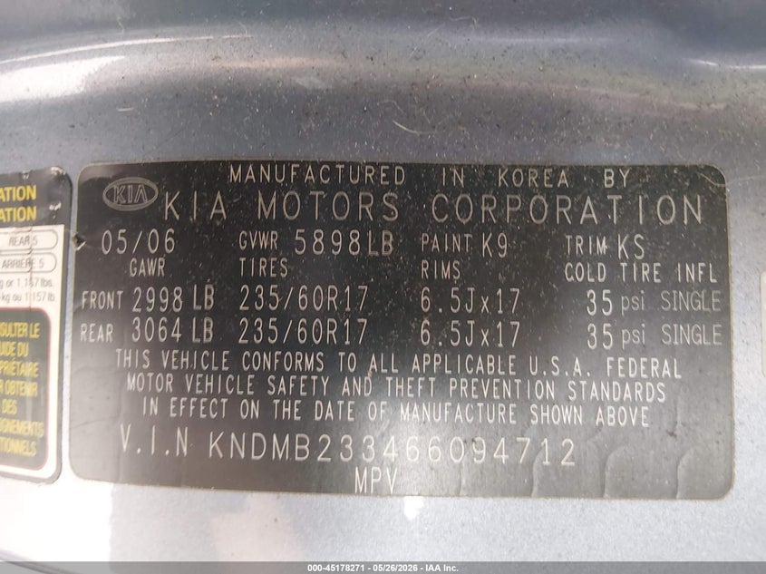 2006 Kia SEDONA VIN KNDMB233466094712 IAAI salvage auction — FRONT END, Bill Of Sale (Washington), sold $325 on 2026-07-11 (photo 9)