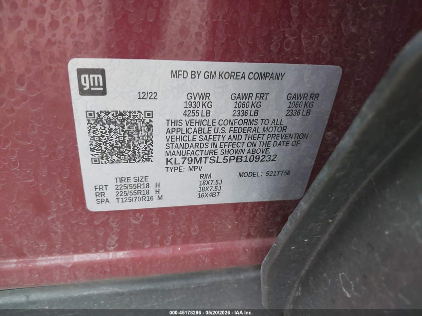 2023 Chevrolet Trailblazer VIN KL79MTSL5PB109232 IAAI salvage auction — HAIL, Clear (Missouri), sold $9,200 on 2026-07-13 (photo 9)
