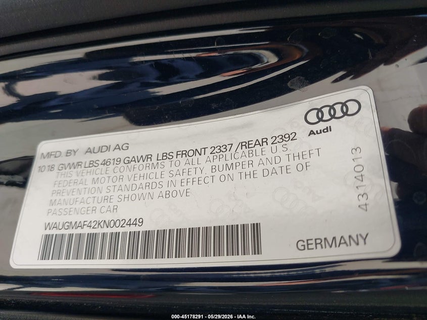 2019 Audi A4 VIN WAUGMAF42KN002449 IAAI salvage auction — FRONT END, Wait Title, sold $4,900 on 2026-08-13 (photo 9)