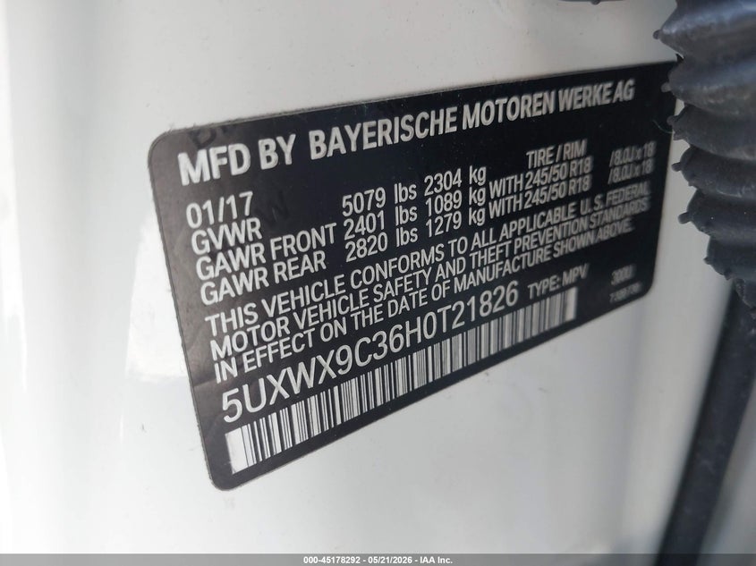 2017 BMW X3 VIN 5UXWX9C36H0T21826 IAAI salvage auction — REAR END, Salvage (Oregon), sold $5,300 on 2026-07-30 (photo 9)