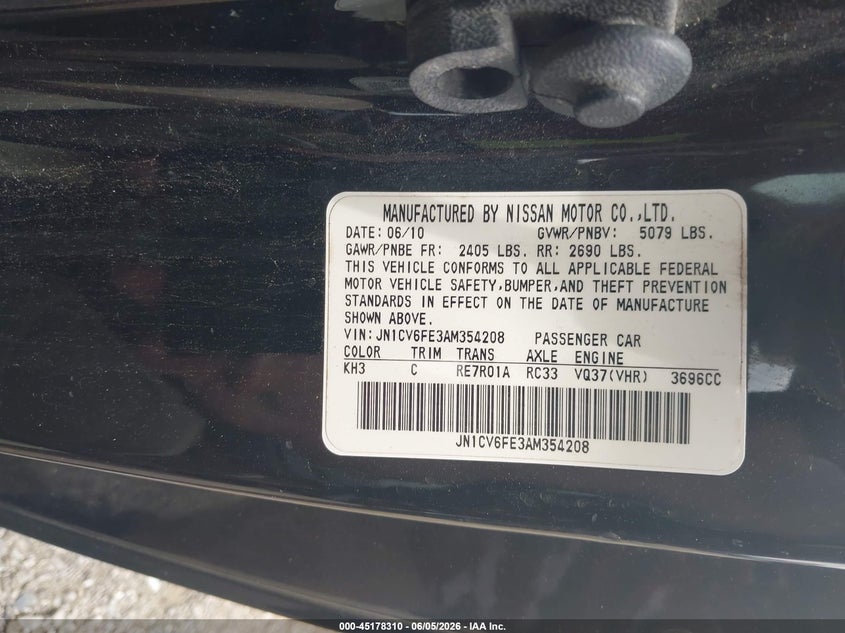 2010 Infiniti G37 VIN JN1CV6FE3AM354208 IAAI salvage auction — HAIL, Clear (Oklahoma), sold $1,350 on 2026-07-14 (photo 9)