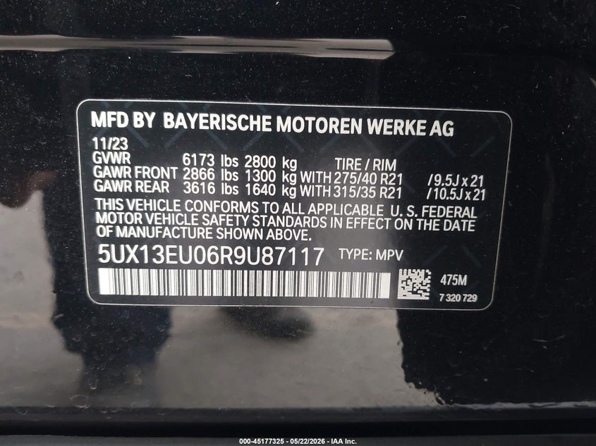 2024 BMW X5 VIN 5UX13EU06R9U87117 IAAI salvage auction — FRONT END, Salvage (California), sold $25,900 on 2026-07-27 (photo 9)