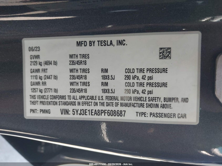2023 Tesla Model 3 VIN 5YJ3E1EA8PF608687 IAAI salvage auction — REAR END, Salvage Title, sold $5,500 on 2026-08-30 (photo 9)