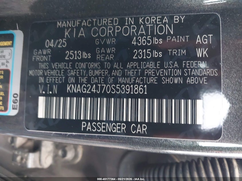 2025 Kia K5 VIN KNAG24J70S5391861 IAAI salvage auction — FRONT END, Junk (Oklahoma), sold $5,900 on 2026-07-21 (photo 9)