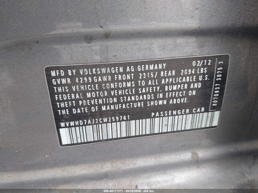 2012 Volkswagen Gti VIN WVWHD7AJ2CW259761 IAAI salvage auction — LEFT FRONT, Salvage (California), sold $1,550 on 2026-07-28 (photo 9)