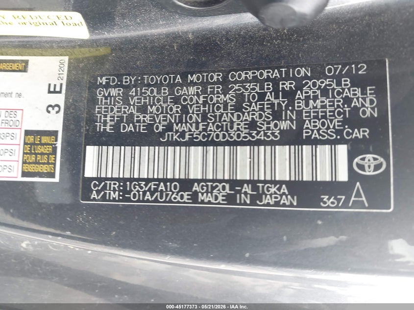 2013 Scion Tc VIN JTKJF5C70D3053433 IAAI salvage auction — FRONT END, Salvage Title, sold $1,050 on 2026-10-07 (photo 9)