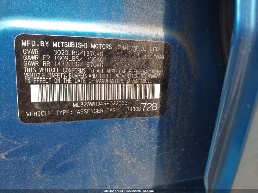 2024 Mitsubishi Mirage VIN ML32AWHJ4RH022333 IAAI salvage auction — FRONT END, Salvage (Massachusetts), sold $2,400 on 2026-07-31 (photo 9)
