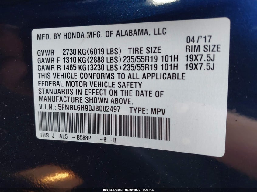 2018 Honda Odyssey VIN 5FNRL6H90JB002497 IAAI salvage auction — FRONT END, Salvage (Texas), sold $3,450 on 2026-07-09 (photo 9)