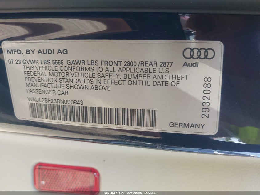 2024 Audi A6 VIN WAUL2BF23RN000843 IAAI salvage auction — FRONT & REAR, Salvage (New Jersey), sold $17,600 on 2026-08-30 (photo 9)