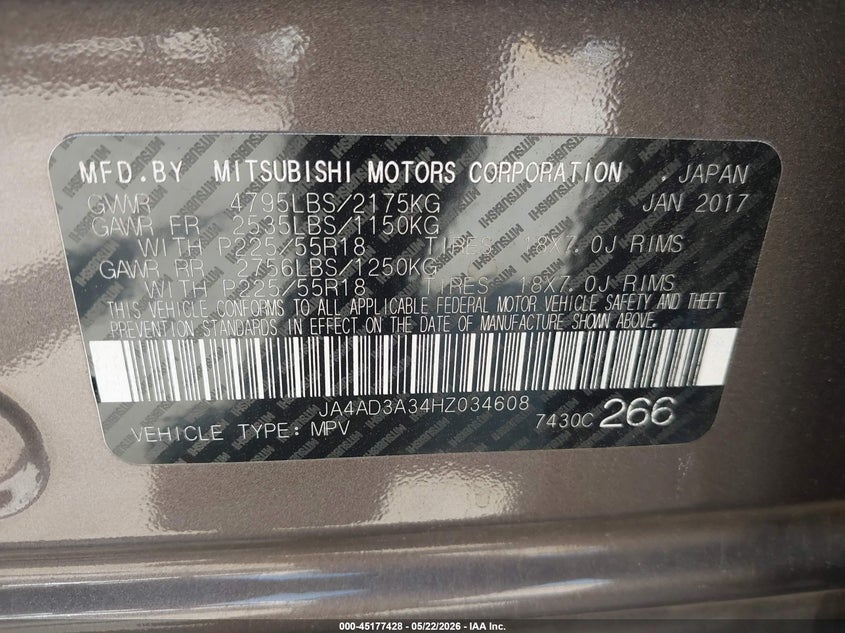 2017 Mitsubishi Outlander VIN JA4AD3A34HZ034608 IAAI salvage auction — FRONT & REAR, Salvage (California), sold $700 on 2026-09-04 (photo 9)