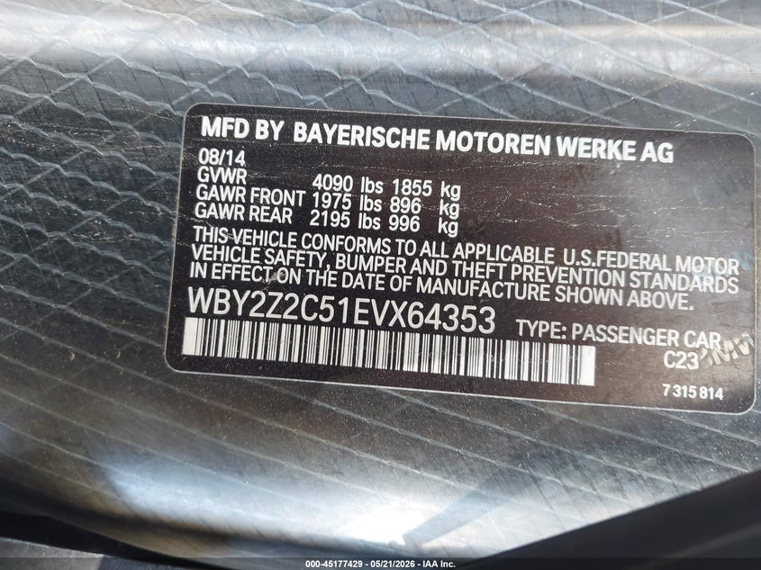 2014 BMW I8 VIN WBY2Z2C51EVX64353 IAAI salvage auction — REAR END, Salvage (California), sold $14,800 on 2026-07-09 (photo 9)