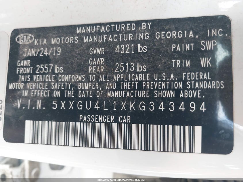 2019 Kia Optima VIN 5XXGU4L1XKG343494 IAAI salvage auction — ROLLOVER, Salvage Title, sold $1,500 on 2026-07-22 (photo 9)