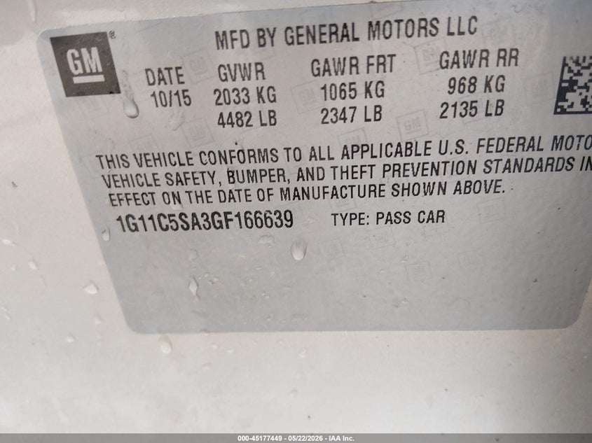 2016 Chevrolet VIN 1G11C5SA3GF166639 IAAI salvage auction — HAIL, Salvage (Kansas), sold $900 on 2026-07-10 (photo 9)