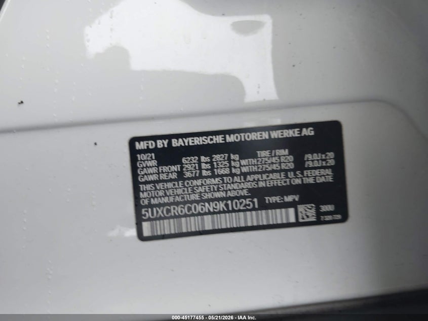 2022 BMW X5 VIN 5UXCR6C06N9K10251 IAAI salvage auction — FRONT END, Salvage (New Jersey), sold $25 on 2026-07-29 (photo 9)