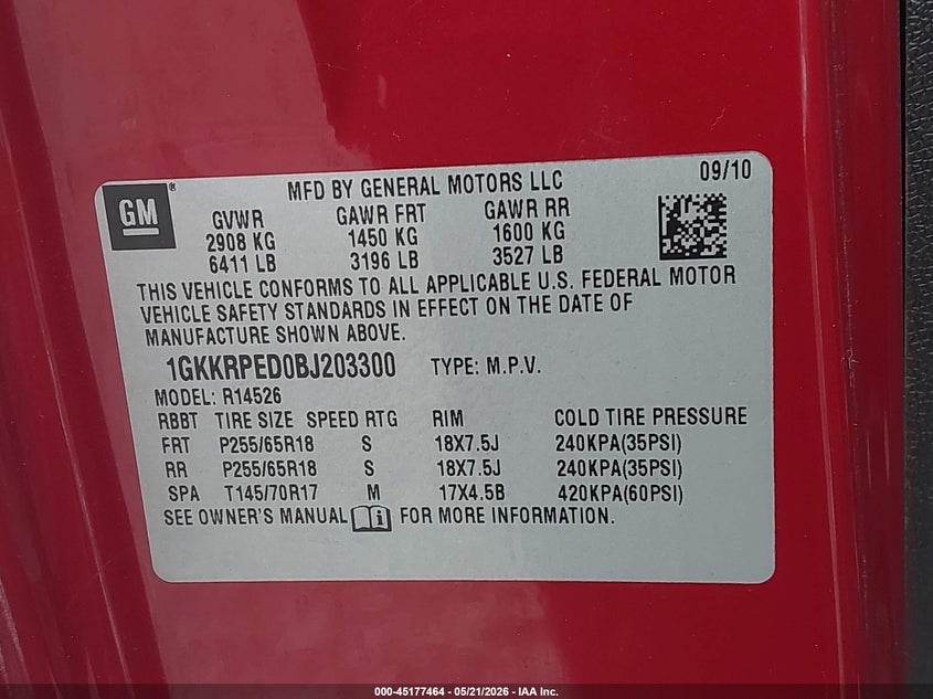 2011 Gmc Acadia VIN 1GKKRPED0BJ203300 IAAI salvage auction — LEFT FRONT, Salvage (Kentucky), sold $225 on 2026-07-20 (photo 9)