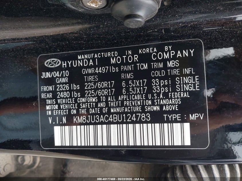 2011 Hyundai Tucson VIN KM8JU3AC4BU124783 IAAI salvage auction — HAIL, Clear (Missouri), sold $1,250 on 2026-07-13 (photo 9)