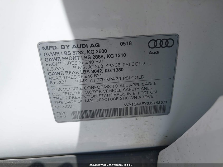 2018 Audi Sq5 VIN WA1C4AFY6J2183571 IAAI salvage auction — FRONT END, Salvage Title, sold $9,800 on 2026-08-17 (photo 9)