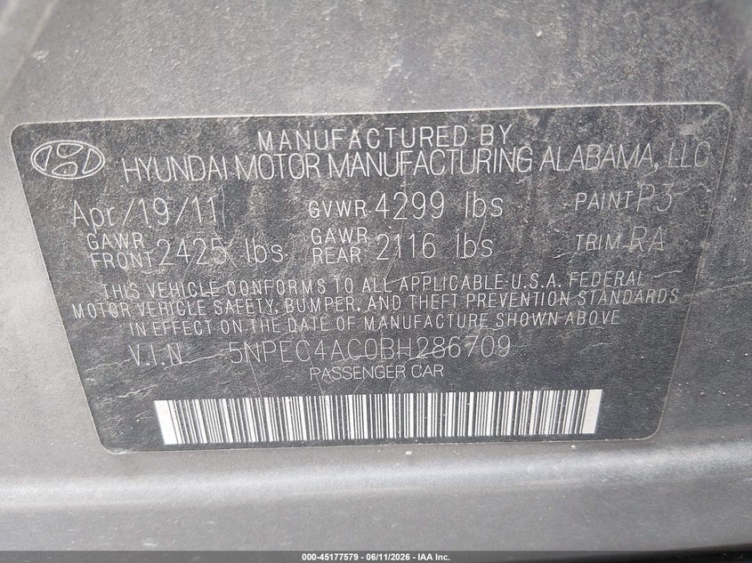 2011 Hyundai Sonata VIN 5NPEC4AC0BH286709 IAAI salvage auction — NORMAL WEAR, Original (Texas), sold $375 on 2026-07-28 (photo 9)