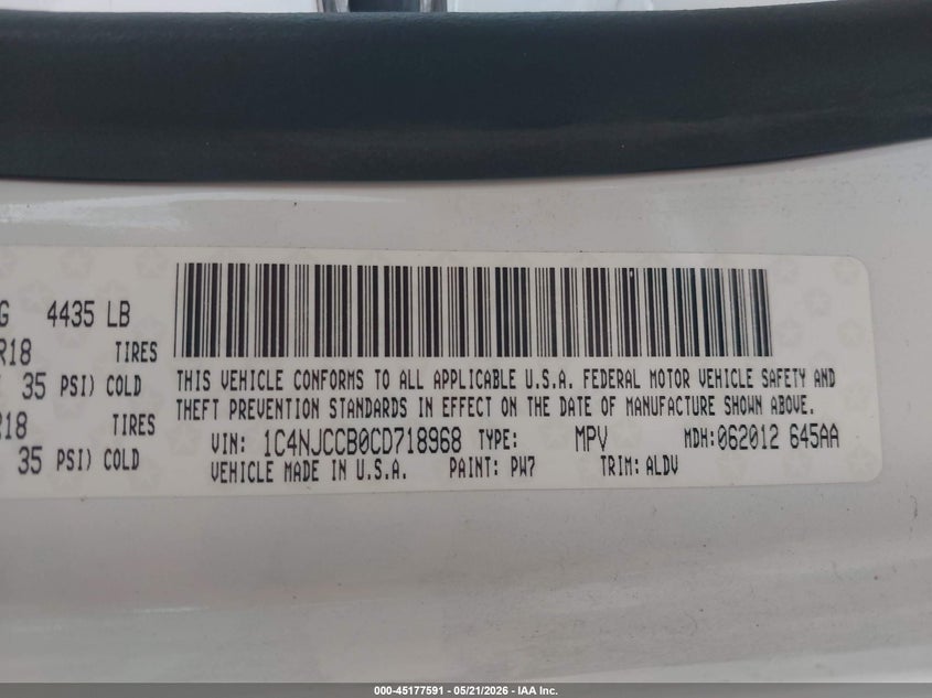 2012 Jeep Compass VIN 1C4NJCCB0CD718968 IAAI salvage auction — RIGHT REAR, Salvage (Missouri), sold $350 on 2026-07-19 (photo 9)