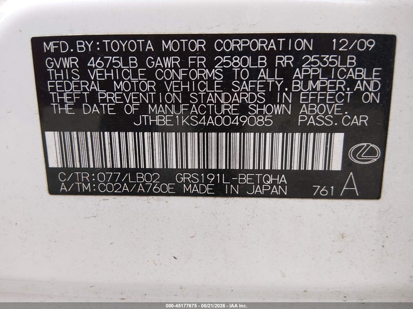 2010 Lexus Gs 350 VIN JTHBE1KS4A0049085 IAAI salvage auction — FRONT END, Salvage (Mississippi), sold $375 on 2026-07-22 (photo 9)