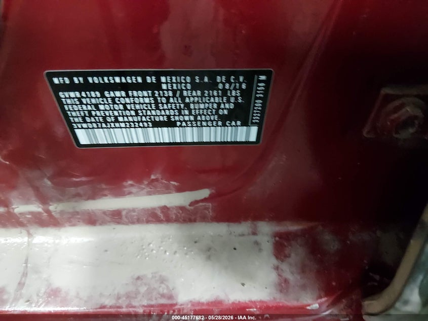2017 Volkswagen Jetta VIN 3VWDB7AJXHM232493 IAAI salvage auction — HAIL, Salvage (Kansas), sold $2,825 on 2026-07-31 (photo 9)
