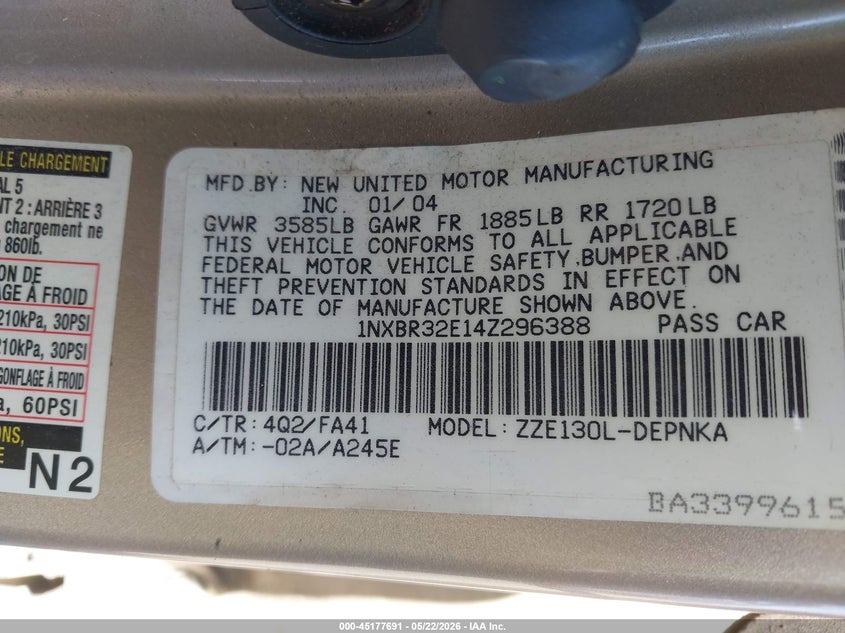 2004 Toyota Corolla VIN 1NXBR32E14Z296388 IAAI salvage auction — REAR END, Salvage (Arizona), sold $775 on 2026-07-09 (photo 9)