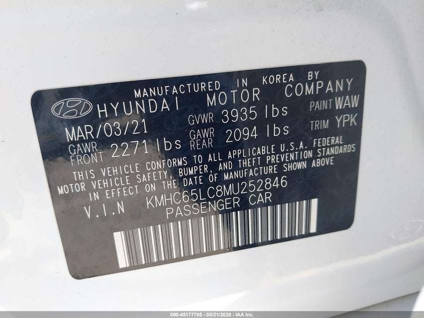 2021 Hyundai Ioniq VIN KMHC65LC8MU252846 IAAI salvage auction — NORMAL WEAR, Salvage (California), sold $4,950 on 2026-07-09 (photo 9)