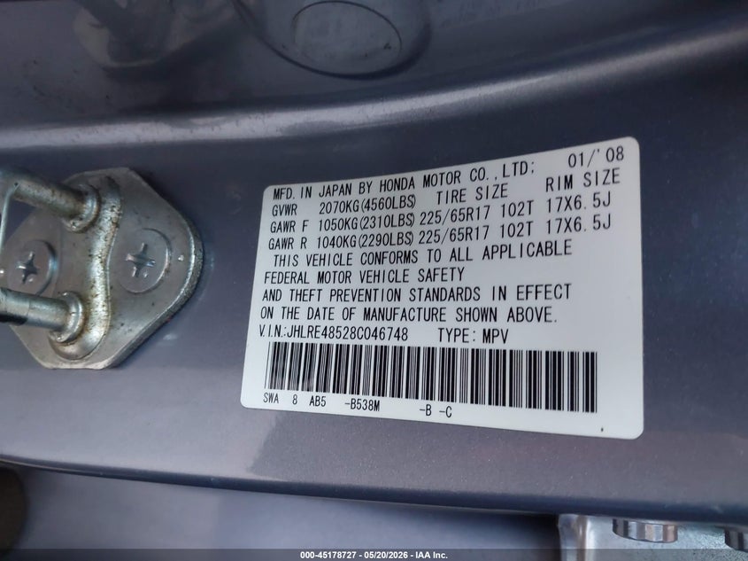 2008 Honda Cr-v VIN JHLRE48528C046748 IAAI salvage auction — FRONT END, Salvage (California), sold $1,600 on 2026-07-16 (photo 9)