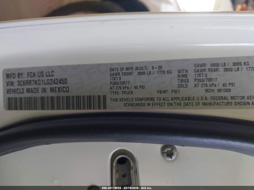 2020 Ram 1500 VIN 3C6RR7KG1LG242450 IAAI salvage auction — FRONT END, Sf97 (Washington), sold $12,075 on 2026-07-29 (photo 9)