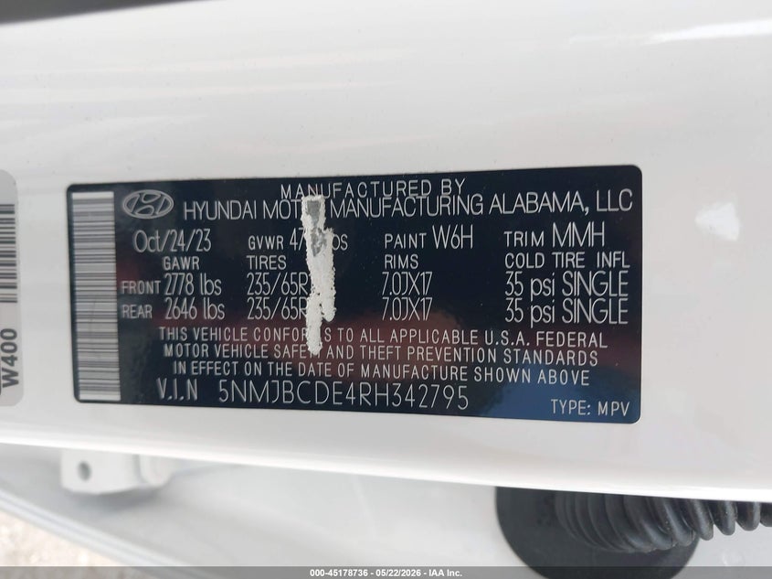 2024 Hyundai Tucson VIN 5NMJBCDE4RH342795 IAAI salvage auction — HAIL, Wait Title, sold $11,000 on 2026-09-14 (photo 9)