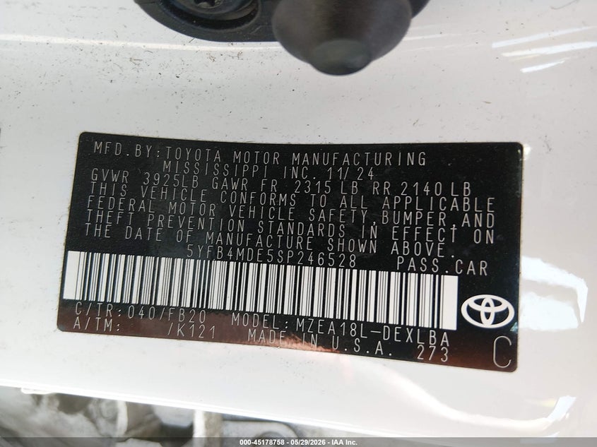 2025 Toyota Corolla VIN 5YFB4MDE5SP246528 IAAI salvage auction — FRONT END, Salvage Title, sold $5,500 on 2026-07-21 (photo 9)