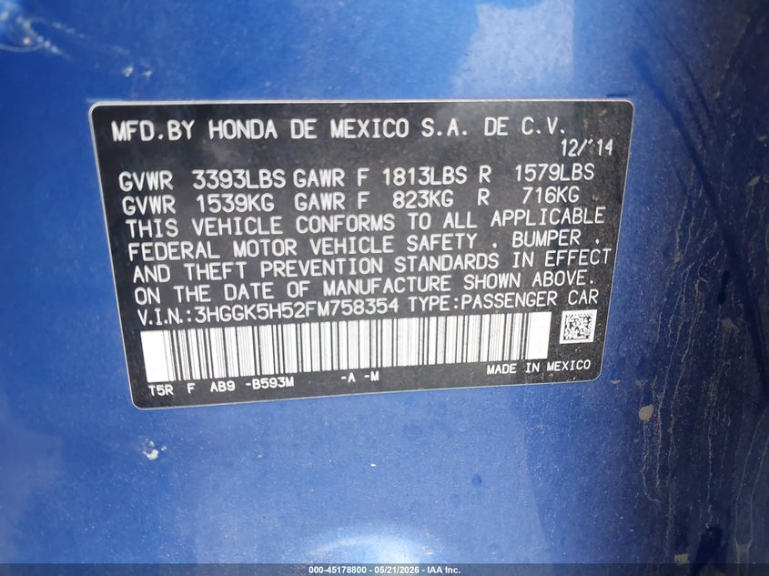 2015 Honda Fit VIN 3HGGK5H52FM758354 IAAI salvage auction — FRONT END, Clear (Oklahoma), sold $1,350 on 2026-07-10 (photo 9)
