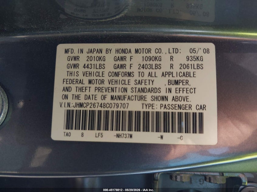 2008 Honda Accord VIN JHMCP26748C079707 IAAI salvage auction — NORMAL WEAR, Salvage (California), sold $450 on 2026-07-14 (photo 9)