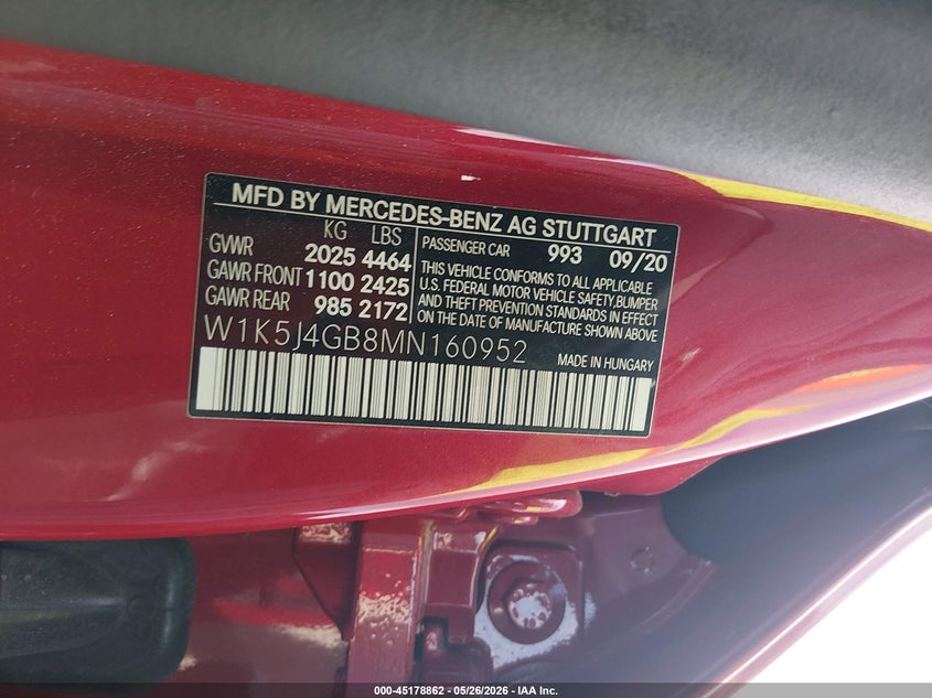 2021 Mercedes-benz Cla-klasse VIN W1K5J4GB8MN160952 IAAI salvage auction — LEFT SIDE, Certificate Of Destruction (Florida), sold $8,900 on 2026-07-23 (photo 9)