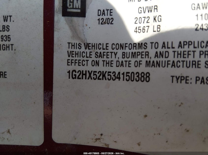 2003 Pontiac Bonneville VIN 1G2HX52K534150388 IAAI salvage auction — FRONT END, Repossessed (Missouri), sold $400 on 2026-07-09 (photo 9)