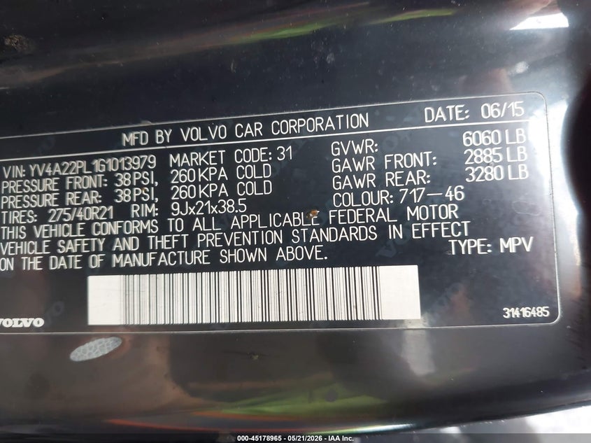 2016 Volvo Xc90 VIN YV4A22PL1G1013979 IAAI salvage auction — INTERIOR BURN, Bill Of Sale Destruction Only - Salvage (Ohio), sold $350 on 2026-07-15 (photo 9)