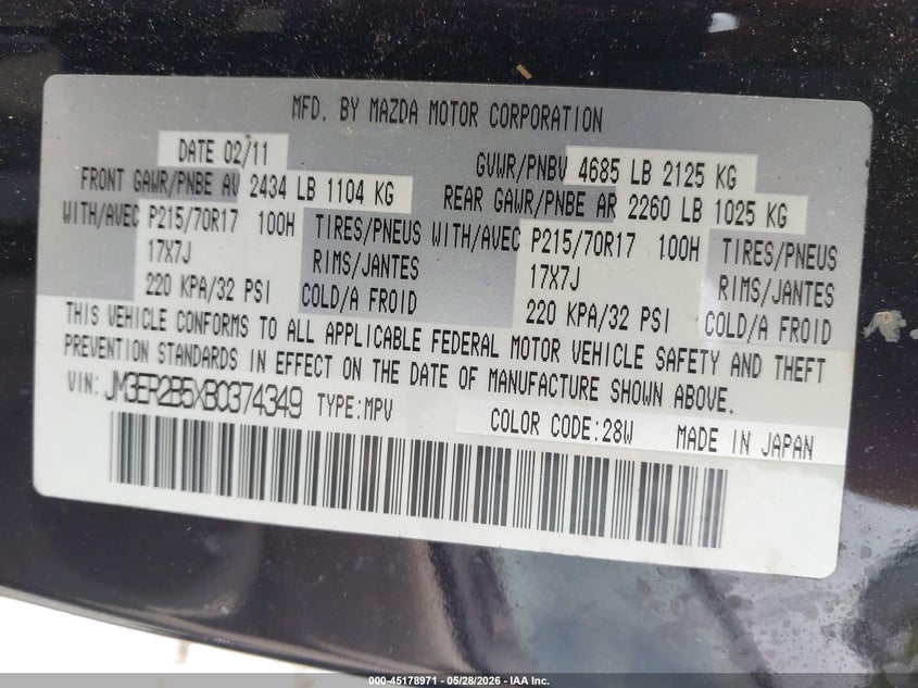2011 Mazda Cx-7 VIN JM3ER2B5XB0374349 IAAI salvage auction — LEFT SIDE, Clear (Florida), sold $600 on 2026-07-16 (photo 9)