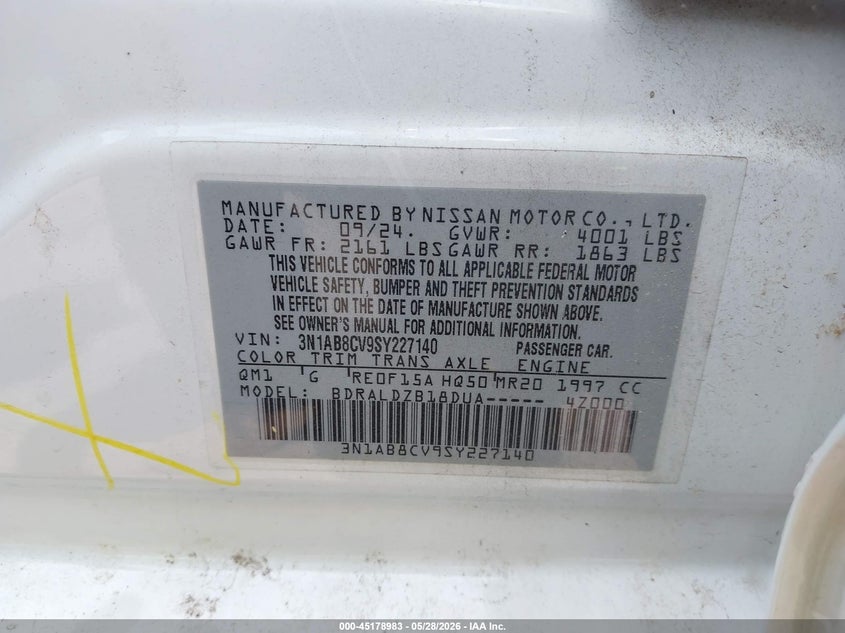 2025 Nissan Sentra VIN 3N1AB8CV9SY227140 IAAI salvage auction — FRONT & REAR, Clear (Alabama), sold $13,000 on 2026-07-22 (photo 9)