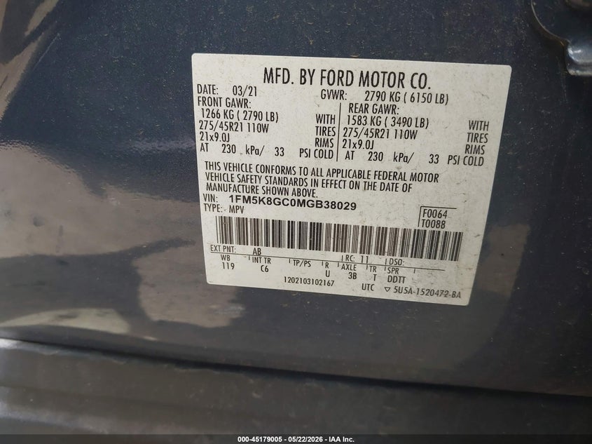 2021 Ford Explorer VIN 1FM5K8GC0MGB38029 IAAI salvage auction — LEFT SIDE, Salvage (Rhode Island), sold $9,925 on 2026-07-28 (photo 9)