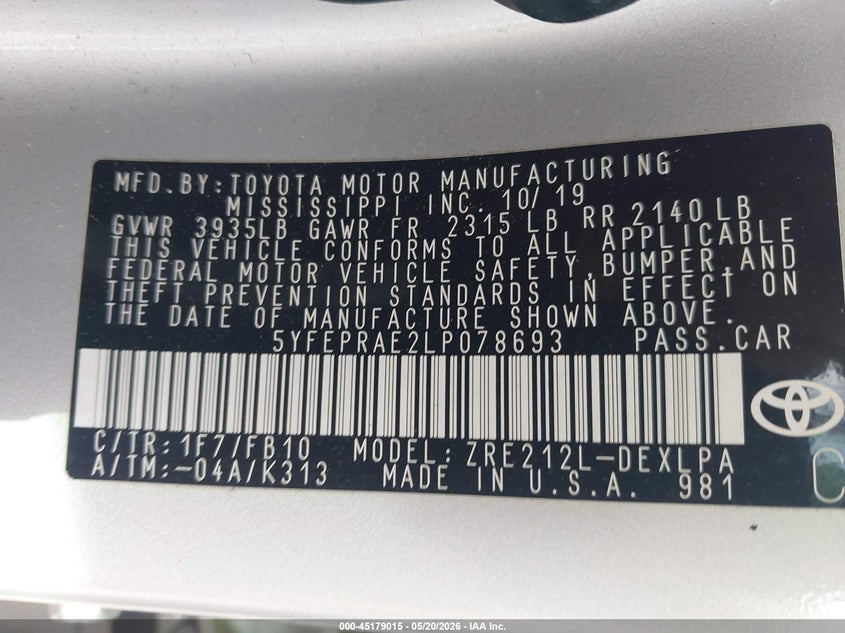 2020 Toyota Corolla VIN 5YFEPRAE2LP078693 IAAI salvage auction — FRONT END, Salvage (Georgia), sold $3,900 on 2026-07-15 (photo 9)