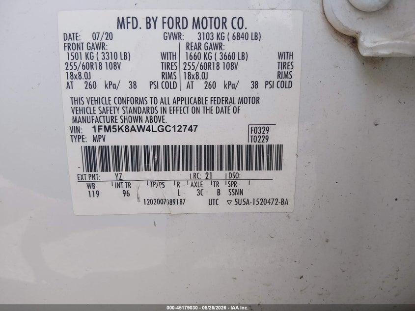 2020 Ford VIN 1FM5K8AW4LGC12747 IAAI salvage auction — LEFT FRONT, Salvage (Missouri), sold $1,850 on 2026-07-18 (photo 9)